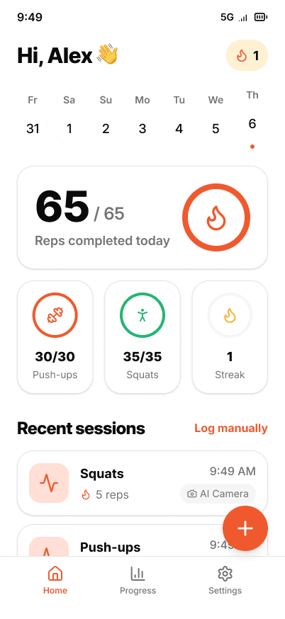 Bydot dashboard showing daily push-up and squat totals and streak